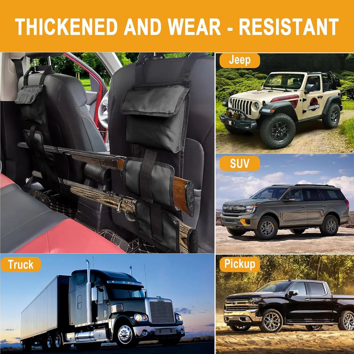 Thickened and wear-resistant tactical rifle sling organizer with multi-pocket storage shown in various vehicle contexts.