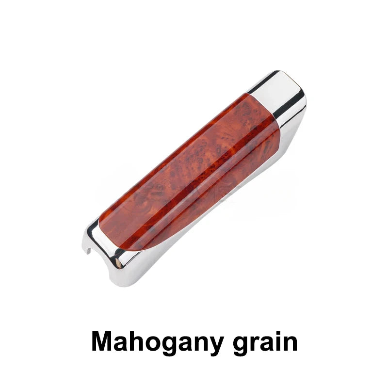 Grip de frein à main en bois de grain de acajou avec finition chrome.