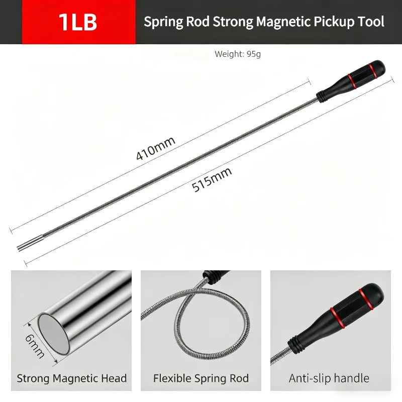 A spring rod strong magnetic pickup tool showing its components: a strong magnetic head, flexible spring rod, and anti-slip h