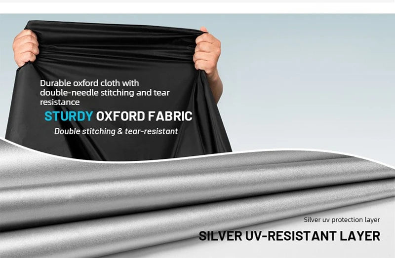 A black oxford fabric cloth is shown being held, with a silver UV-resistant layer rolled out below it.