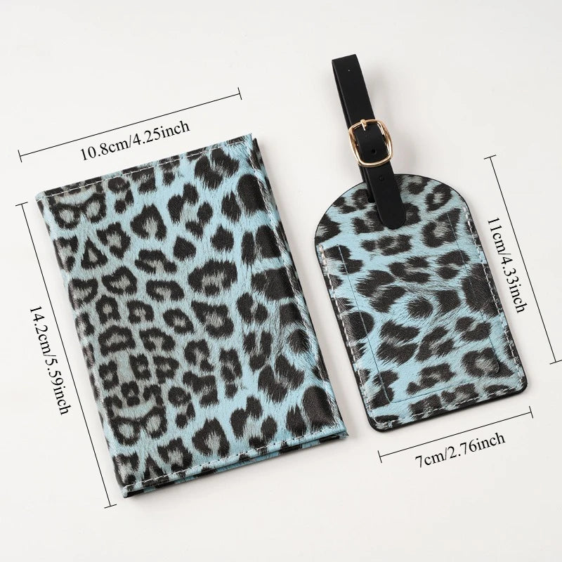 A black and blue leopard print passport holder with card slots shown on a white background.
