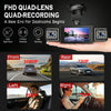A hand holds an FHD quad-lens dashcam showing a view from the front, left, and right angles.