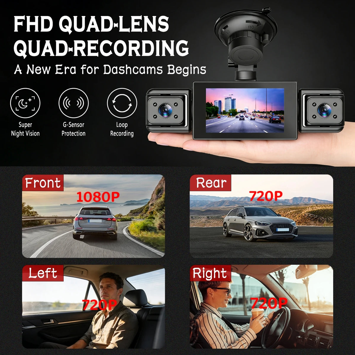 A hand holds an FHD quad-lens dashcam showing a view from the front, left, and right angles.