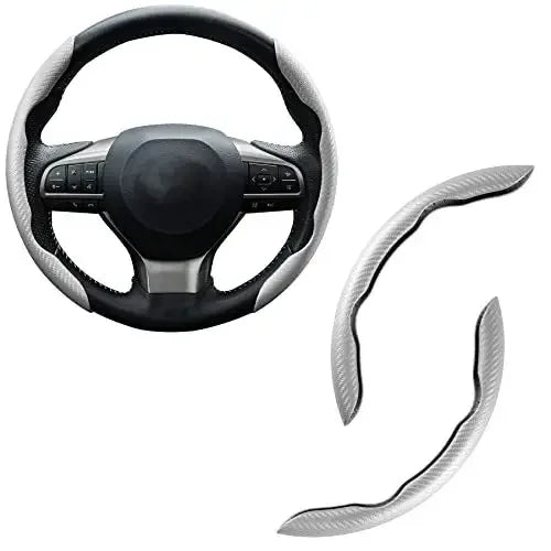 A black carbon fiber steering wheel cover with a leather grip and spokes shown from the top and side.