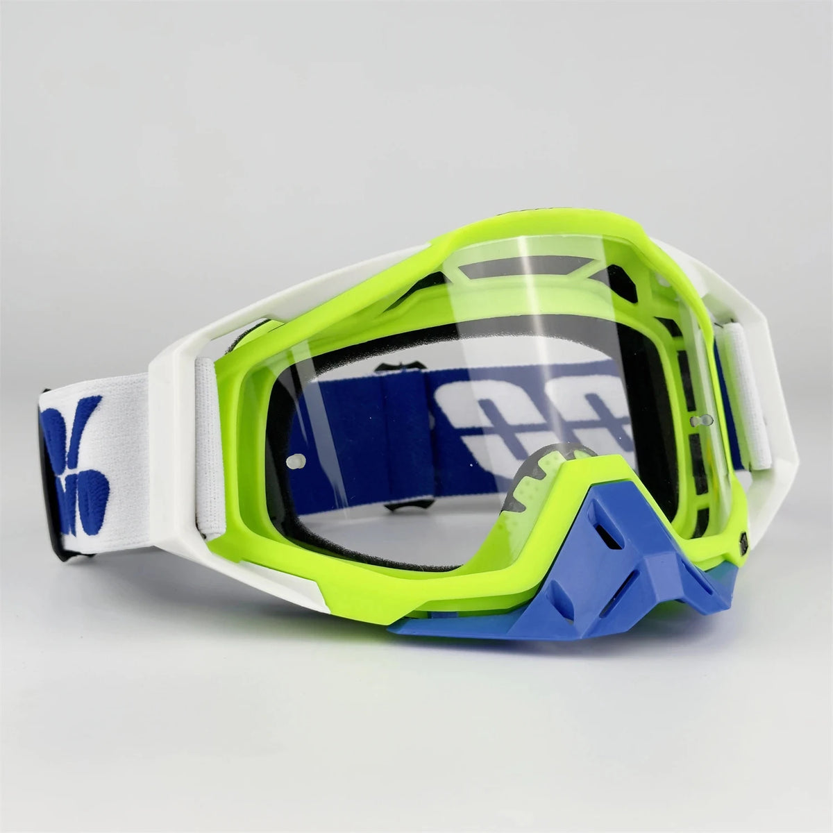 White and neon green off-road motorcycle riding goggles with blue accents