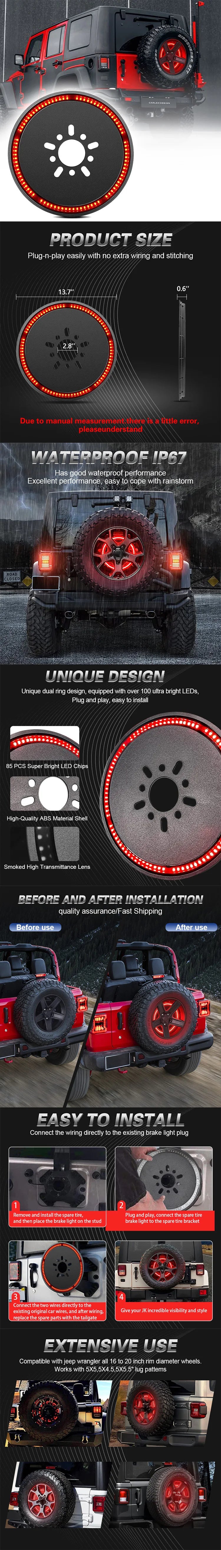 Replacement spare tire brake light for Jeep Wrangler showing installation and design details.