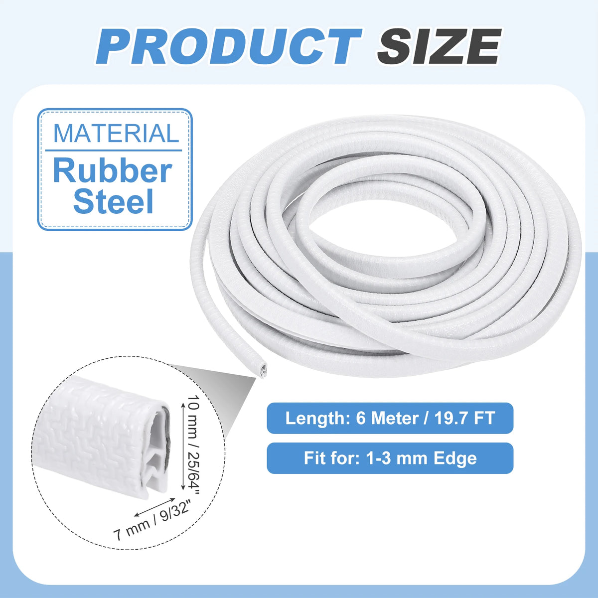 Bobina de material de chapa de acero de goma blanca, con 6 metros de largo y apta para bordes de 1 a 3 mm