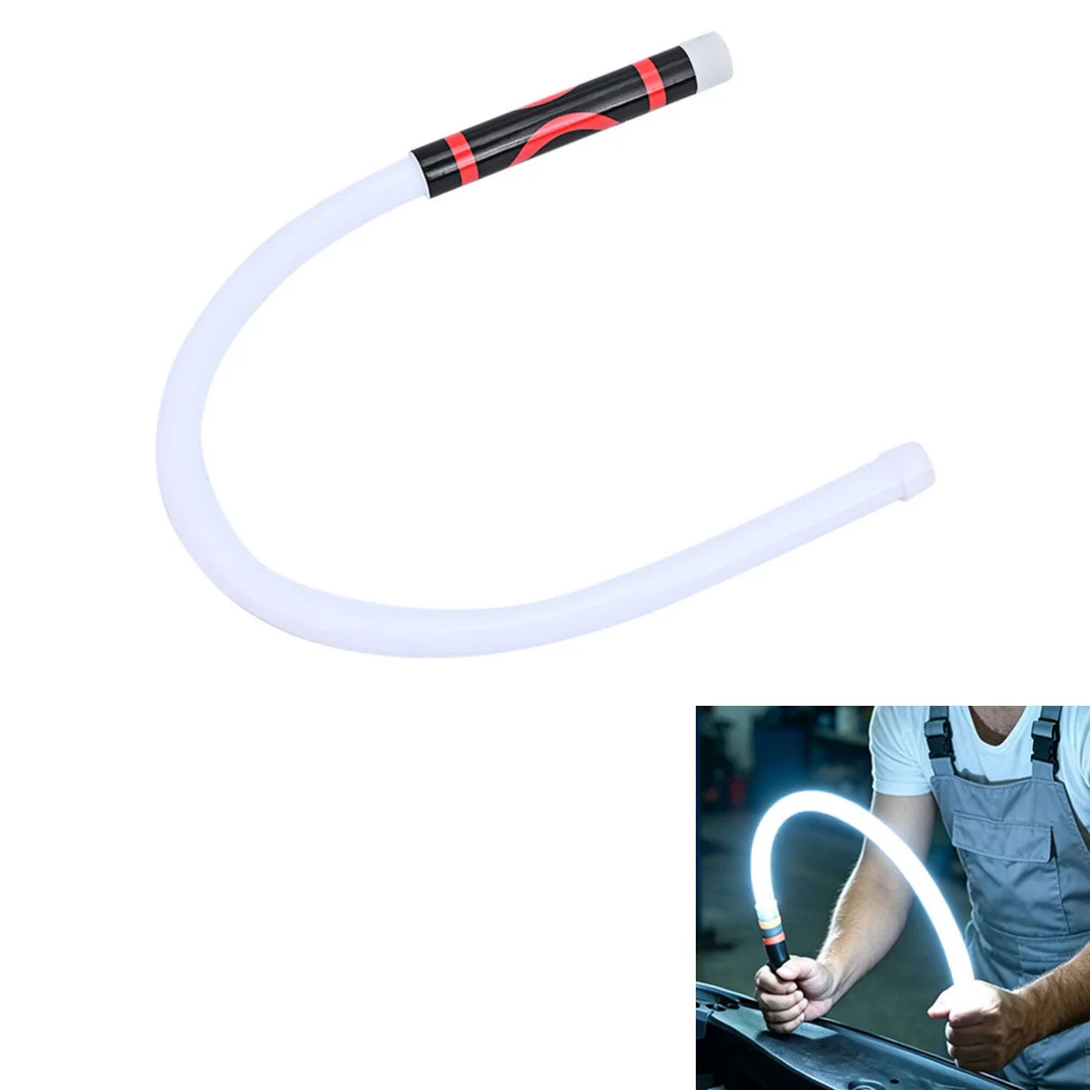 A flexible white LED light with a black and red grip is shown bending in a U-shape.