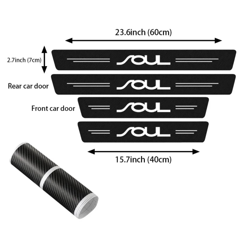 Black carbon fiber door sill protector with a custom SOL logo, shown flat and rolled.