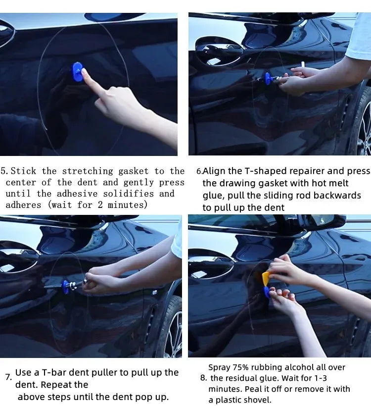 Instructions showing how to use a T-shaped repair and drawing gasket kit to pull up a car dent