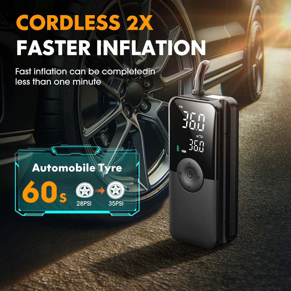 A portable digital air pump is shown next to a car tire, demonstrating fast inflation for automobile tires.