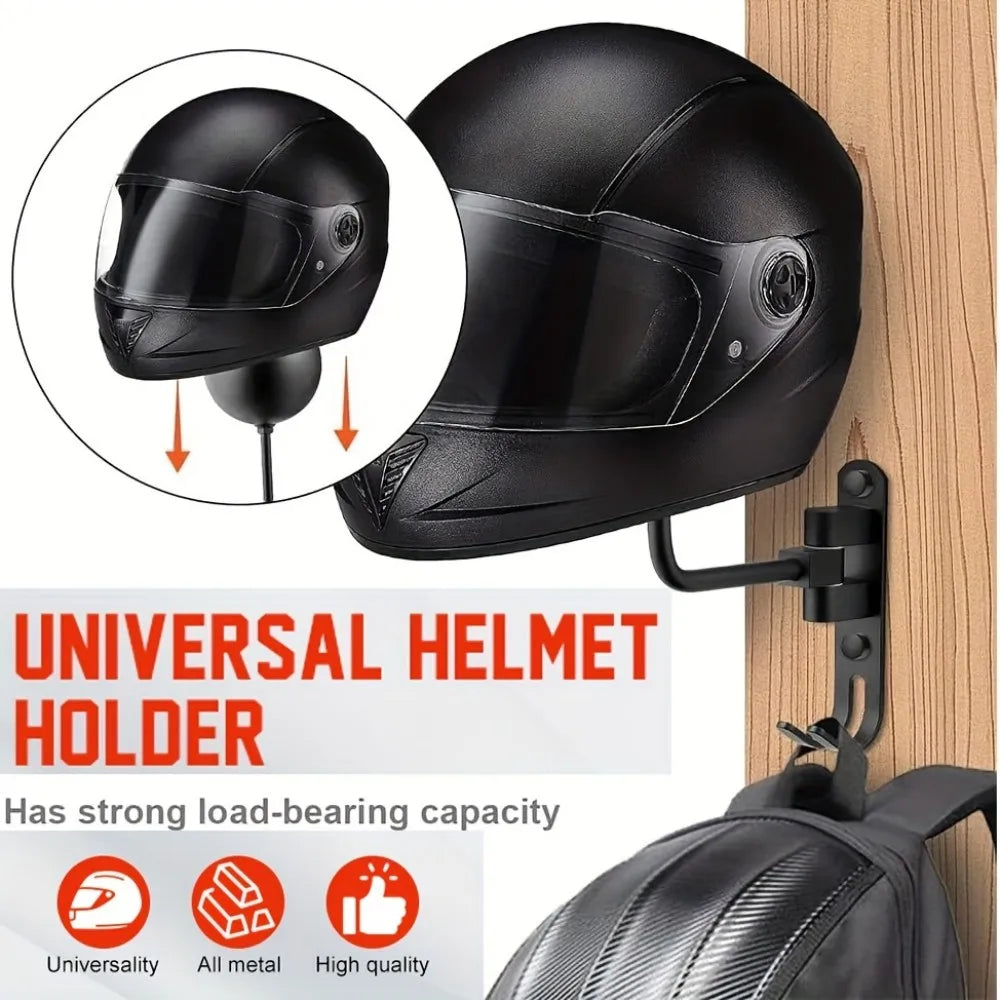 Crochet universel noir pour casque moto avec mécanisme rotatif, à côté d'un casque.