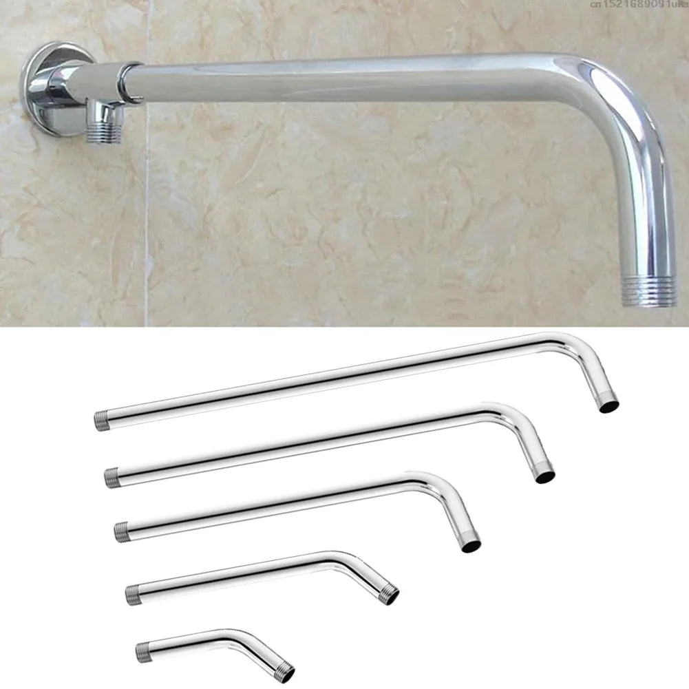 Stainless steel shower arm extension with various lengths and angles shown against a light background