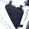 Black waterproof bike frame bag mounted on a white bicycle frame.