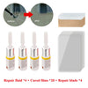 A repair kit showing before and after of a windshield crack, including repair fluid, cured films, and blades.