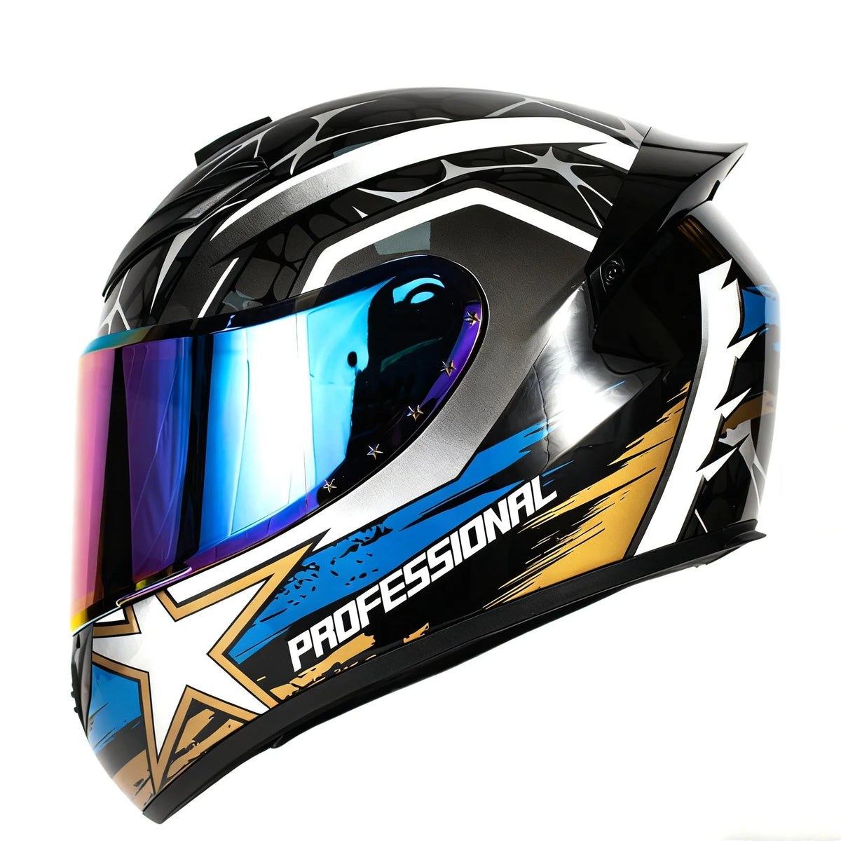 A black and silver universal motorcycle helmet with a blue visor featuring a professional racing design.