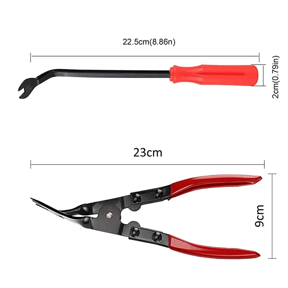 A precision plastic trim and rivet removal tool kit with a black handle and red working end.