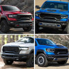 Tres vistas de cubiertas para ganchos de remolque de camiones Dodge RAM 1500 en rojo, azul y blanco.