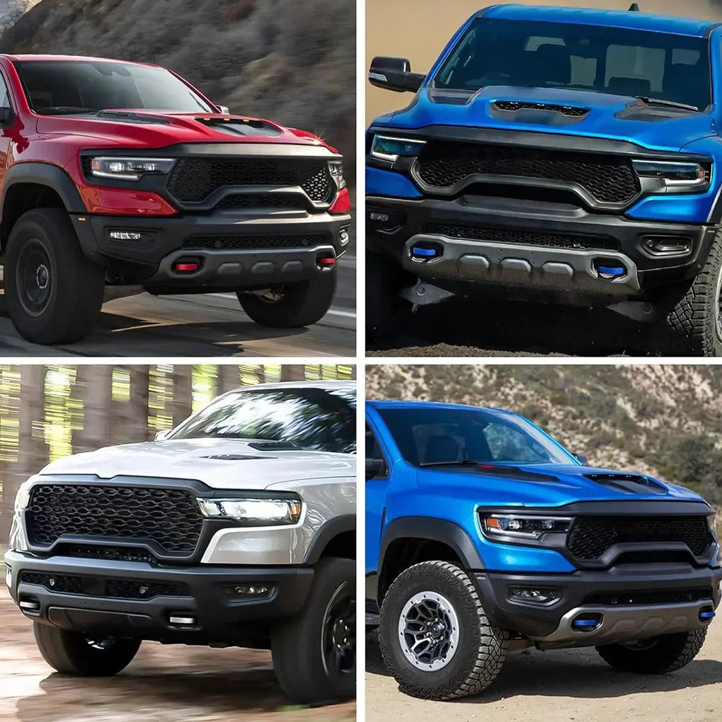 Tres vistas de cubiertas para ganchos de remolque de camiones Dodge RAM 1500 en rojo, azul y blanco.