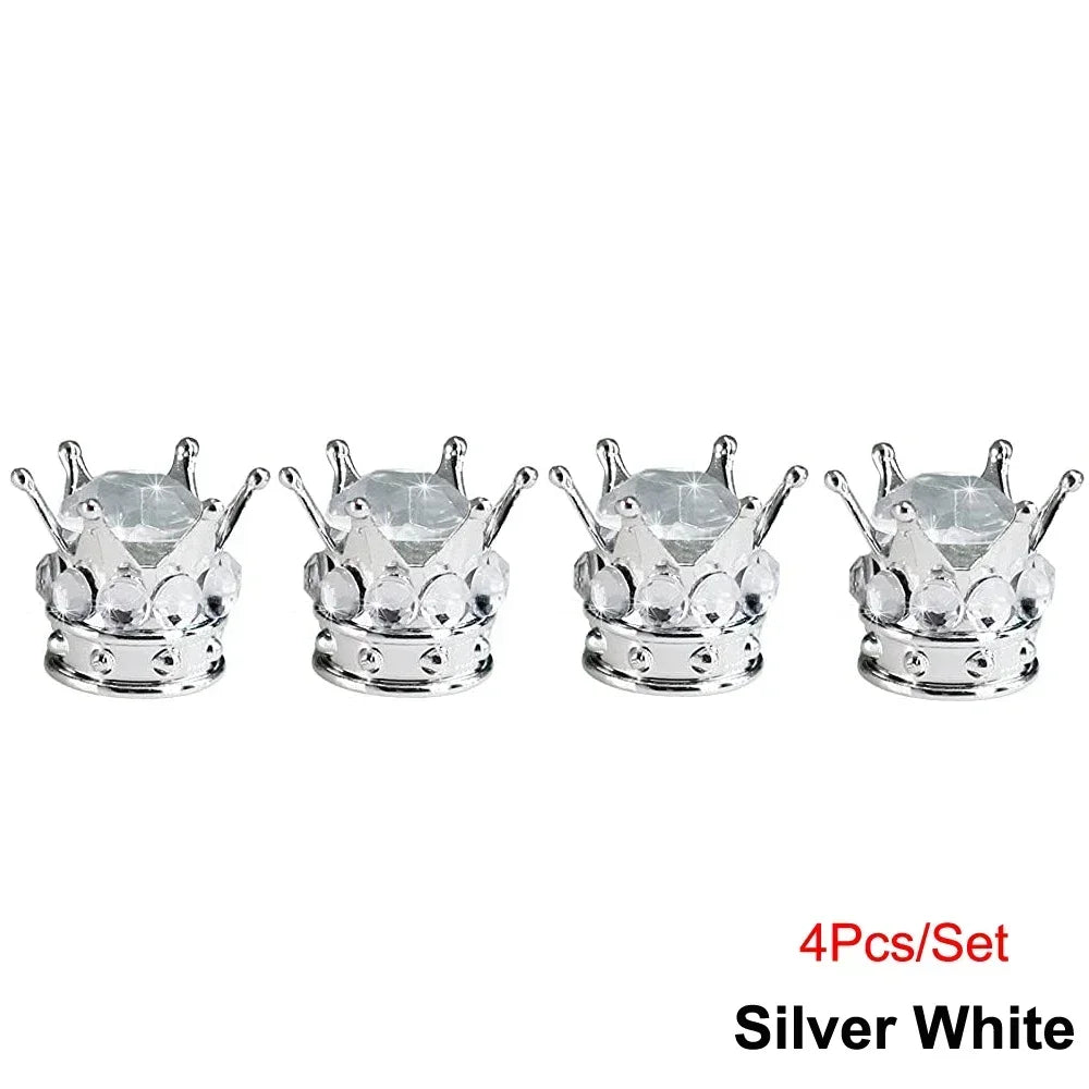 Set of four silver white diamond rhinestone tire valve caps