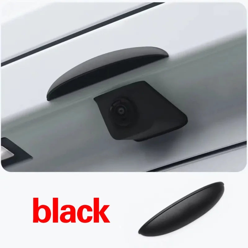 A close-up view of a black anti-fog waterproof rain cover for a rear camera, showing the latch mechanism.