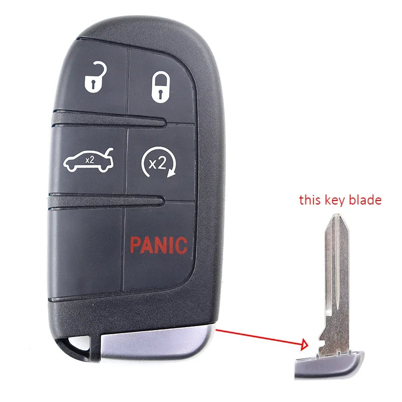 A black car key fob shell with panic button and blade replacement housing shown next to the extracted blade.