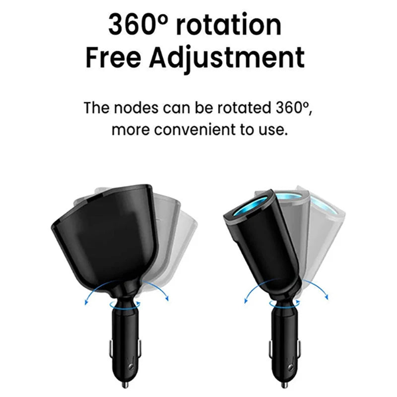 Black and silver dual-port car charger adapter with 360 degree rotation feature