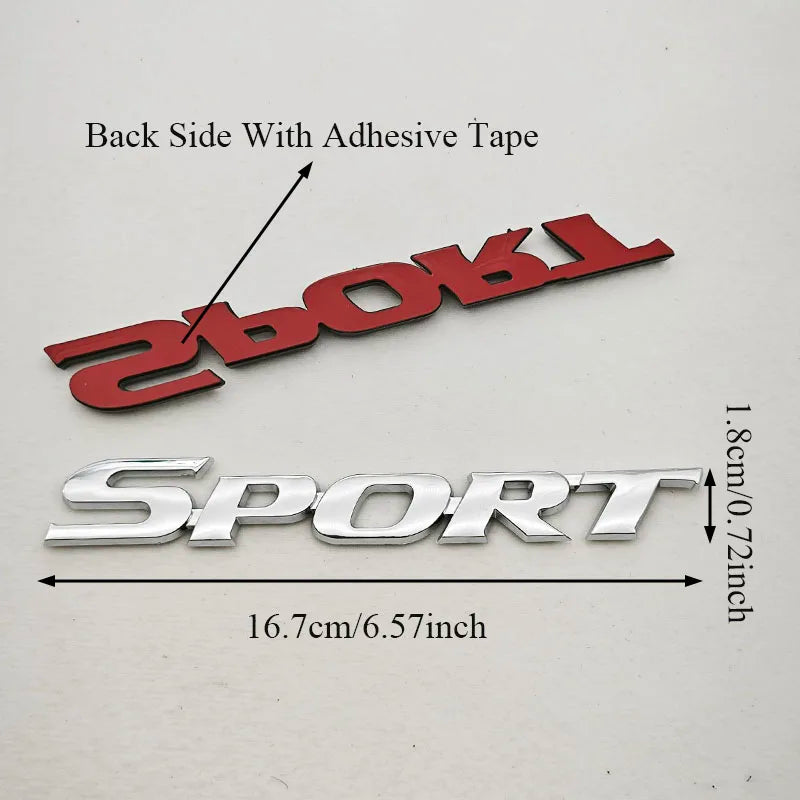 A red 3D chrome car logo emblem for a rear trunk, with the word SPORT below it.