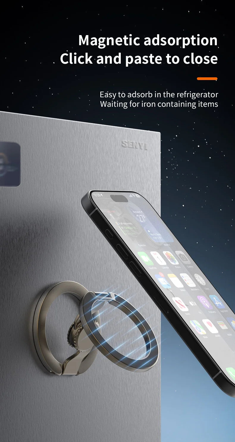 A smartphone ring stand is magnetically attached to a refrigerator, demonstrating magnetic adsorption for closing.