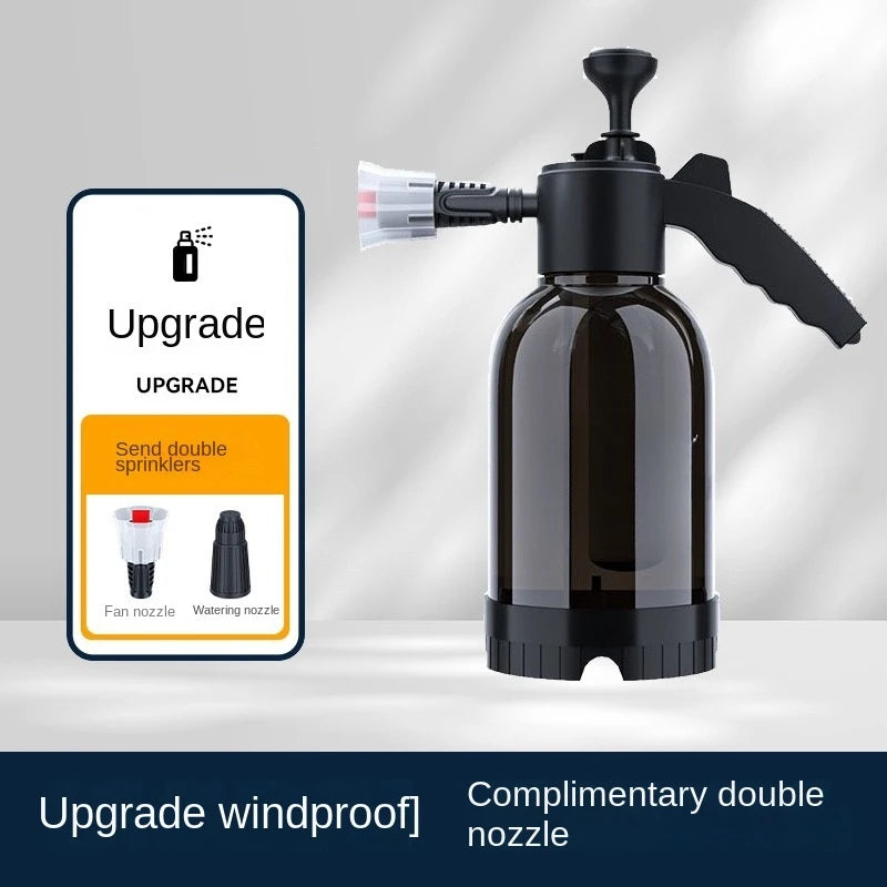 A black hand pump foam sprayer bottle with a detachable double nozzle and an upgrade option shown next to it.
