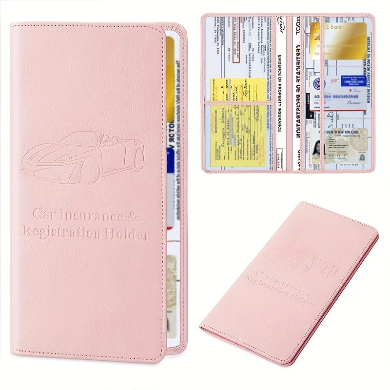 A pink faux leather car insurance and registration document holder with a clear plastic sleeve and an accompanying card organ