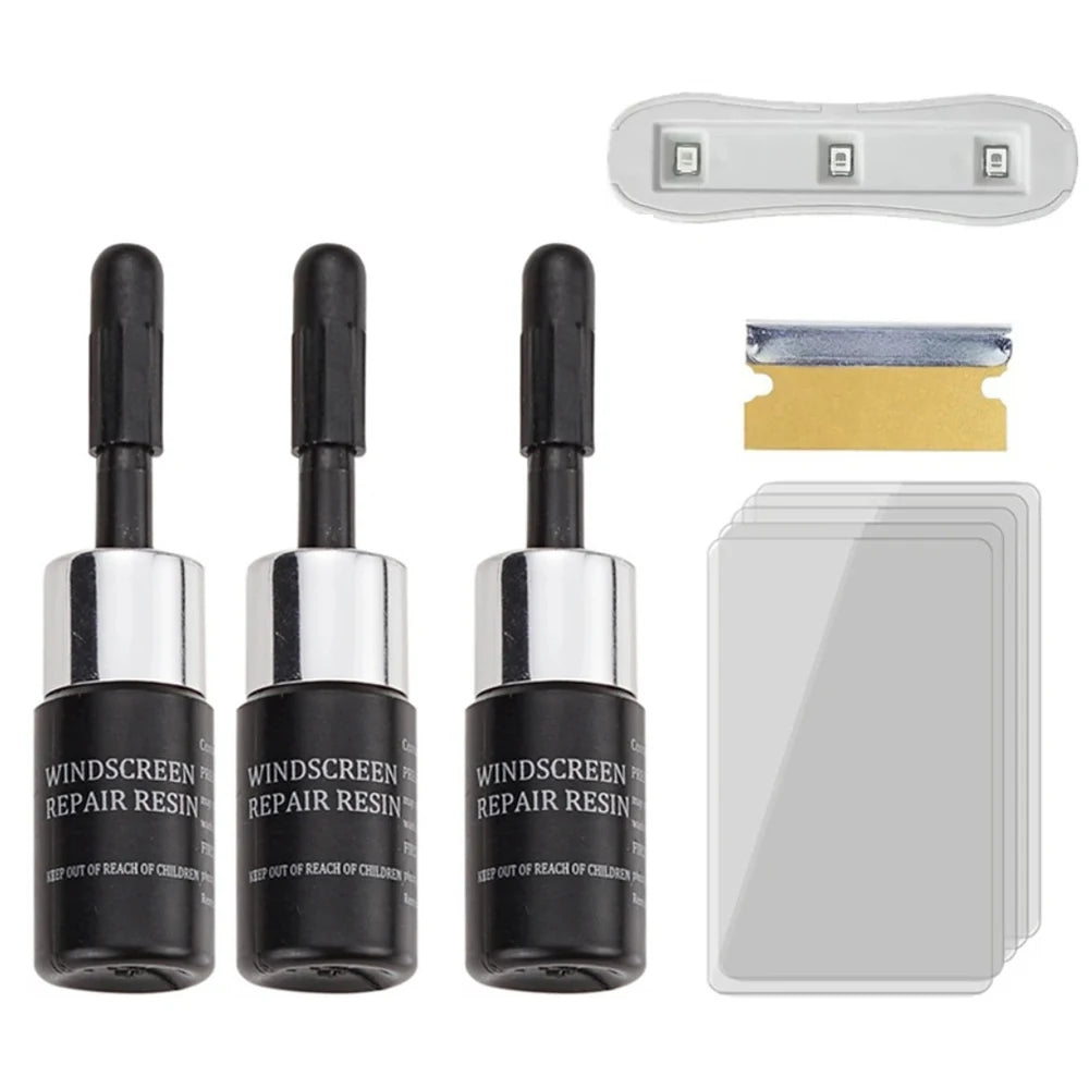 A kit for windshield crack repair including a resin, applicator, and adhesive patch.