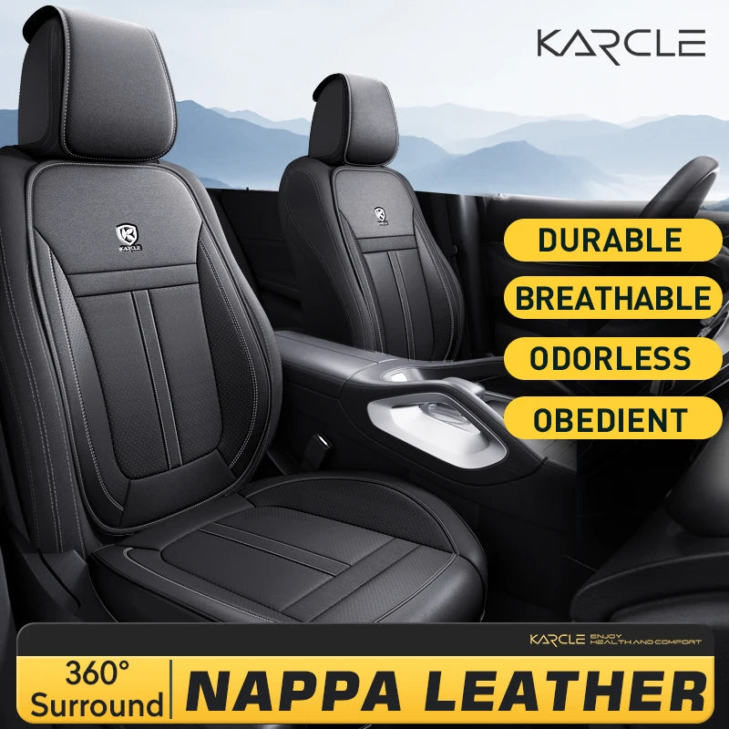 Black KARCLE Nappa leather car seat covers shown in a vehicle interior.