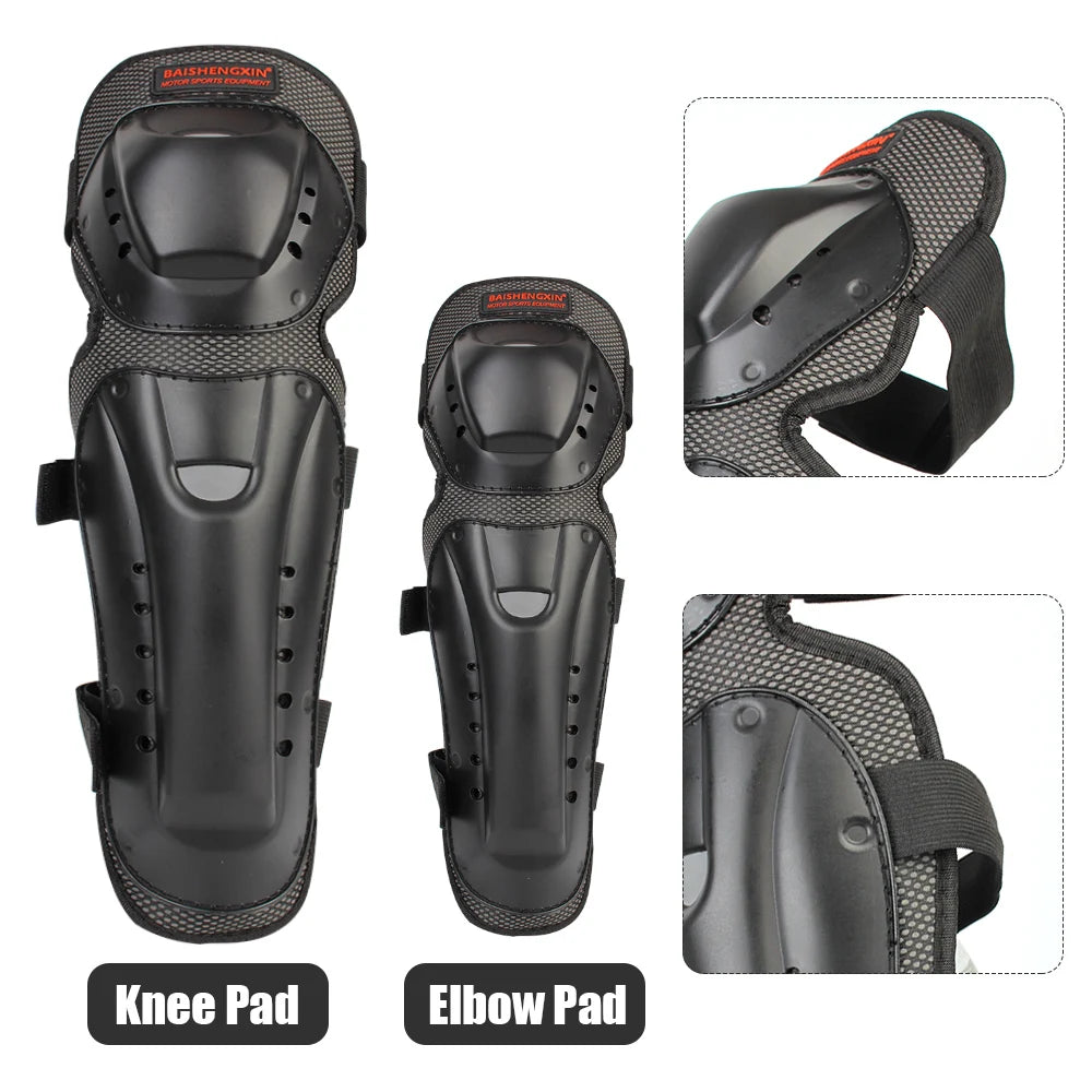 Set of black knee and elbow pads for motorcycle or dirt bike protection