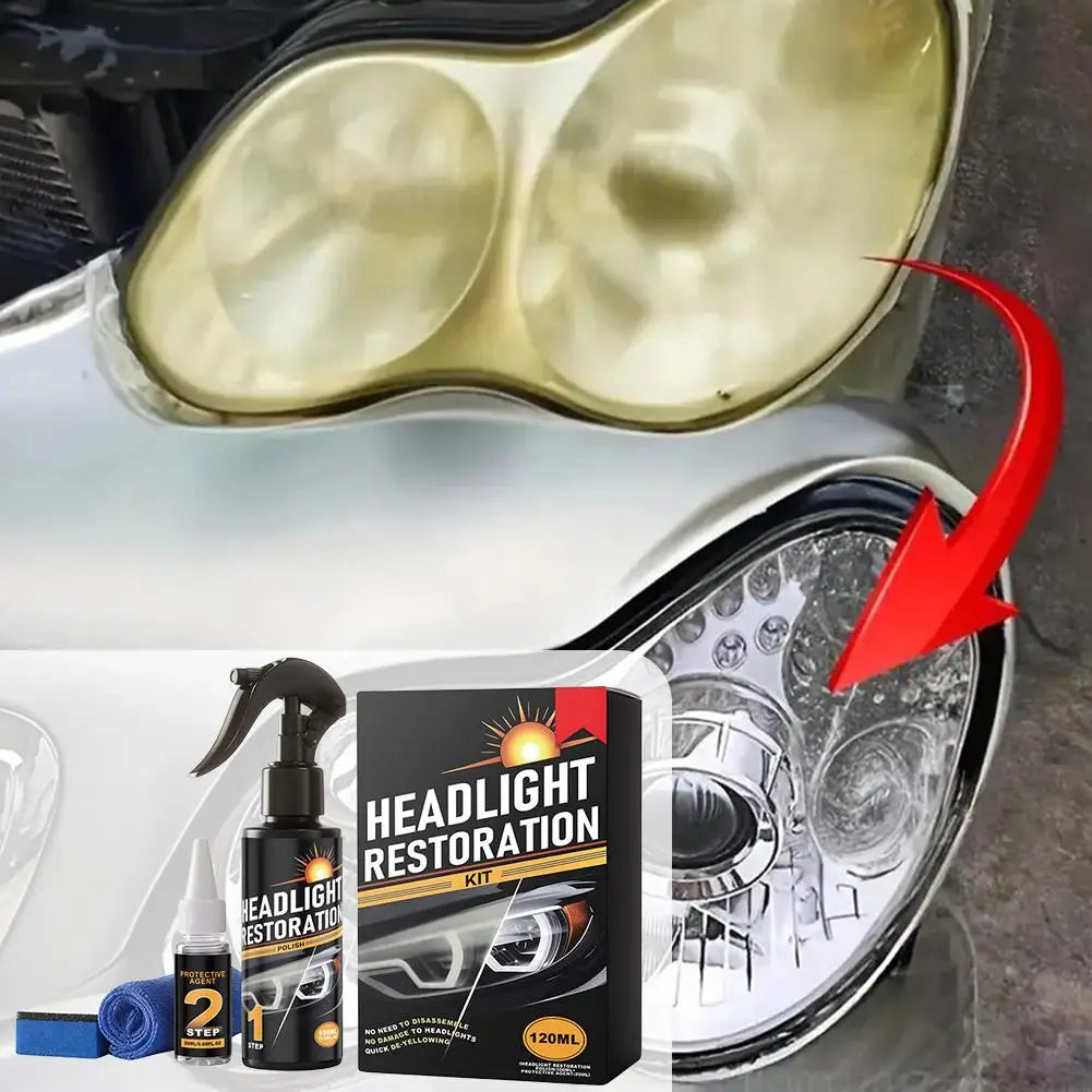 A bottle of headlight restoration kit with instructions and a clear plastic cover, shown next to a car headlight assembly.