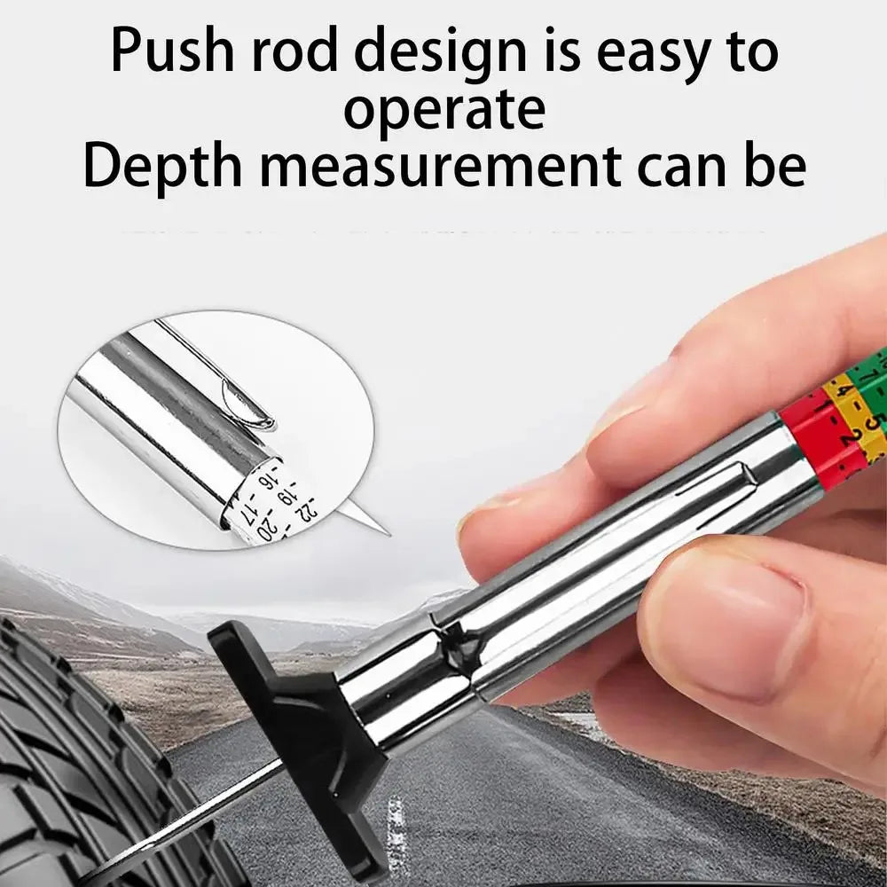 A hand holds a push rod depth measurement tool, demonstrating its use for measuring tire tread depth.