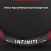 A close-up view of a red steering wheel cover for an Infiniti vehicle, showing the logo printing and pressing process.