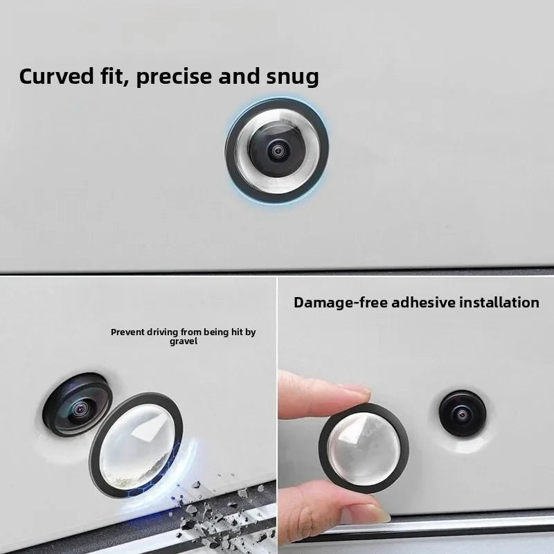 Close-up of a curved fit camera lens and adhesive installation on a car panel.