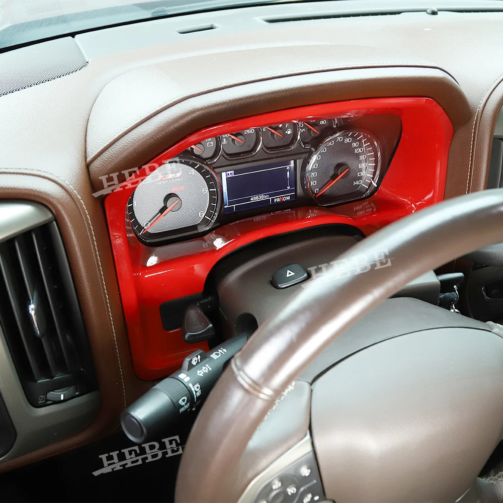 Interior view of a truck dashboard showing the ABS trim panel, gauge cluster, and steering wheel.