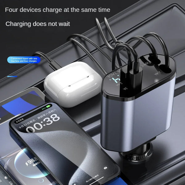 A silver retractable car charger with dual USB ports is shown charging a smartphone and another device simultaneously.