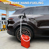 An orange portable auto-stop fuel transfer pump is connected to a car's fuel port, demonstrating hands-free fueling.