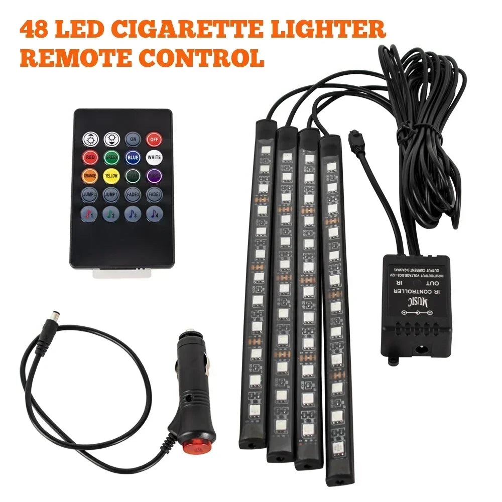 A remote control for a 48 LED cigarette lighter remote control with multiple buttons and an LED strip light.