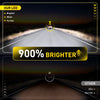 A comparison showing a bright LED headlight on a road, labeled as 900% brighter than another dim and narrow light.