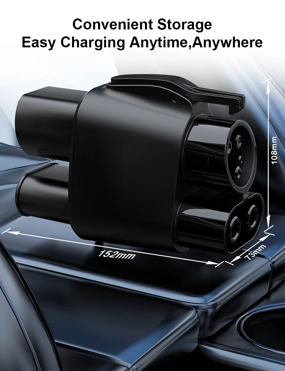 Black high-power EV charging adapter shown in a car interior, demonstrating convenient storage and easy charging.