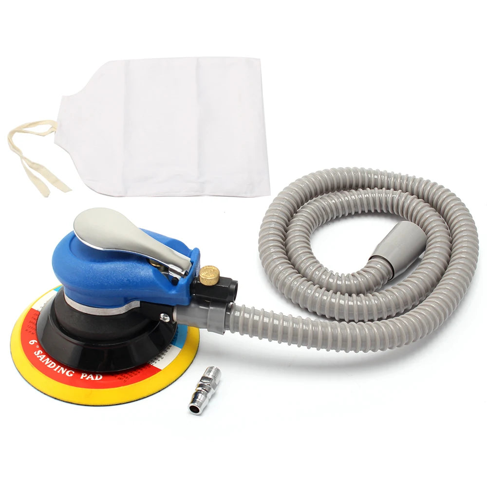 A blue pneumatic orbital sander with a sanding pad and flexible hose is shown next to a white cloth.