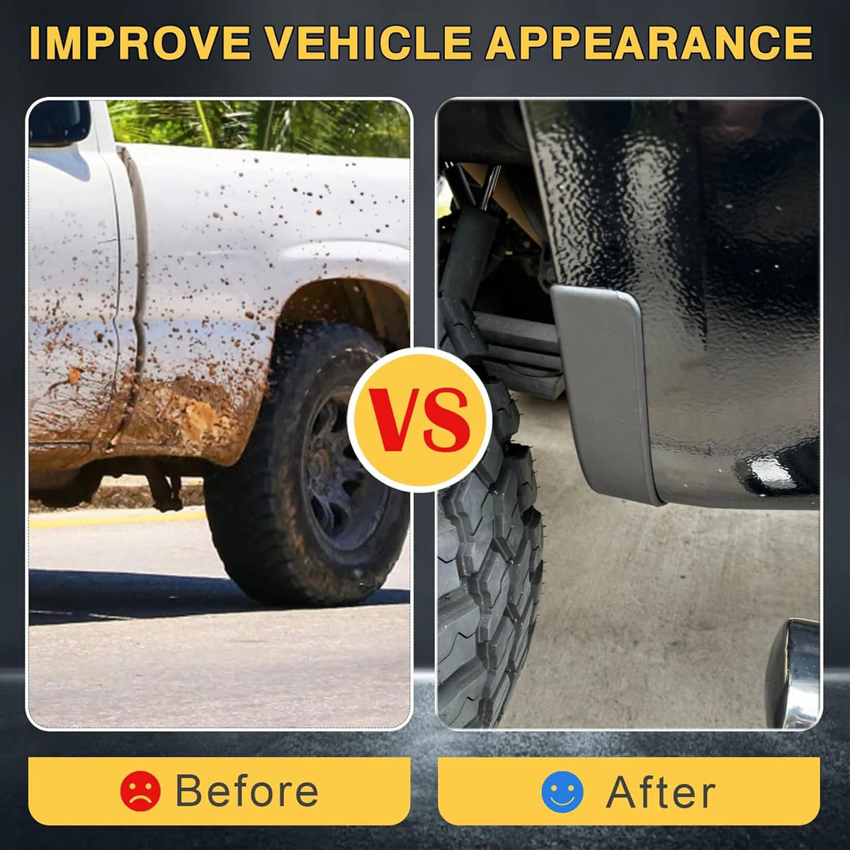 Comparison showing a vehicle before and after installing mud flaps on a Chevrolet Silverado 1500.