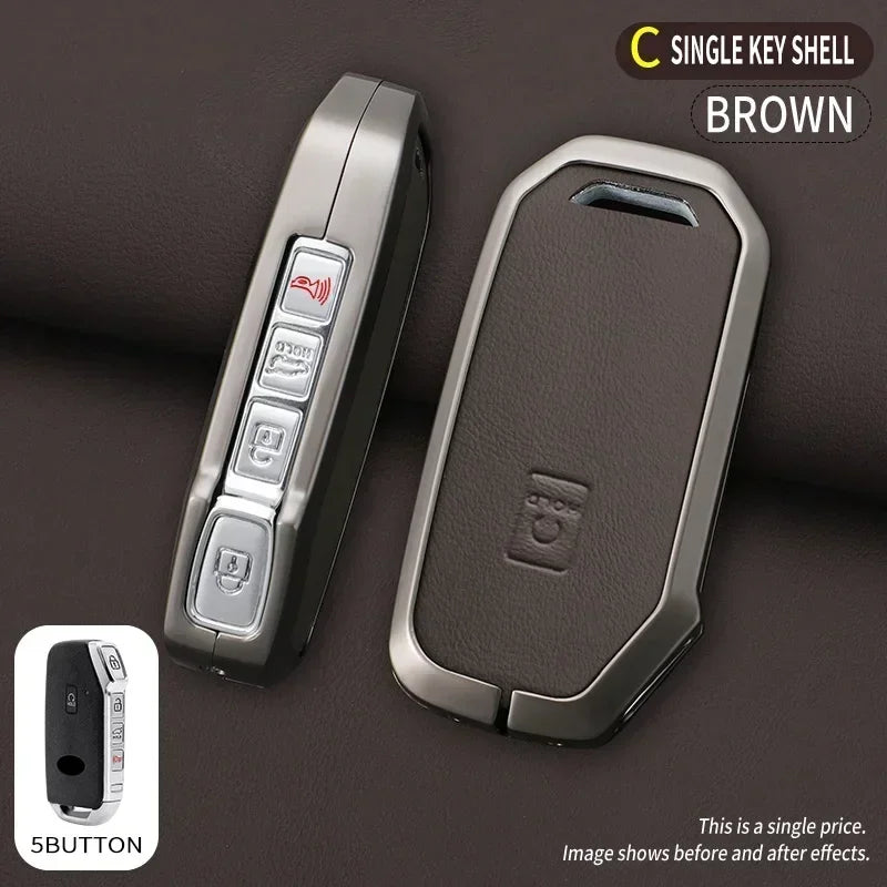 Brown single key shell shown with a 5 button cover and an inset view of the product.