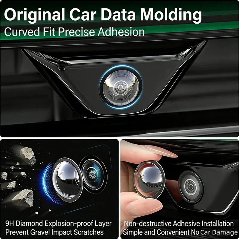 Close-up of a car camera lens protector set showing diamond explosion-proof layers for scratch prevention.