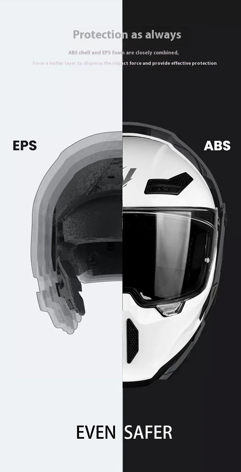 Primer plano de un casco de motocicleta mostrando la combinación de capas de protección EPS y ABS.