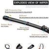 Exploded view diagram showing the components of a wiper blade including the ABS protection cap, deflector, rubber blade, and 